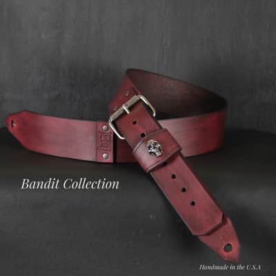 Buckle Leather Guitar Strap . SKULL. 55” to 62”.Antique Mahogany image 2