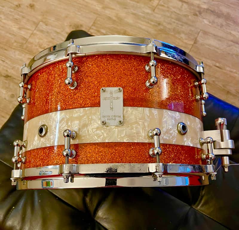 Truth Custom Drums 14x8 Maple snare Drum - Orange glass glitter/ Marine Pearl image 1