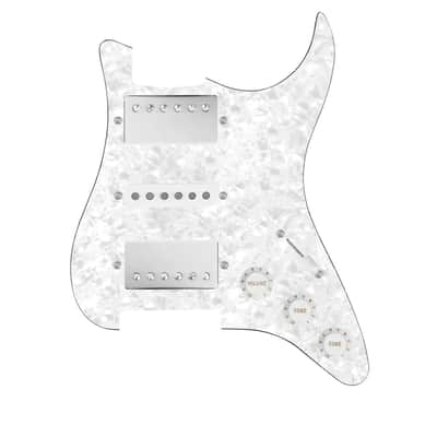 920D Custom HSH Loaded Pickguard for Stratocaster With Nickel Smoothie Humbuckers, White Texas Vintage Pickups, White Pearl Pickguard, and S5W-HSH Wiring Harness