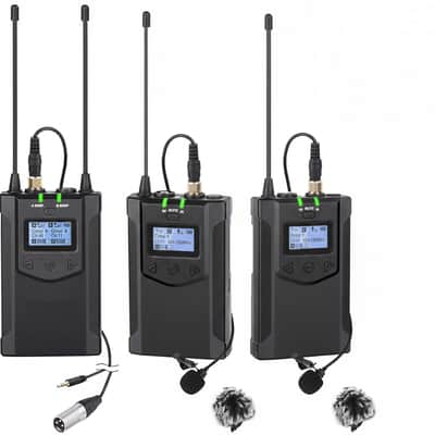 Wireless Microphone System for Cameras, Camcorders, Smartphones, Laptops, Professional UHF Wireless Lavalier Lapel Microphone with Dual-Channel Recording, AA Batteries image 1