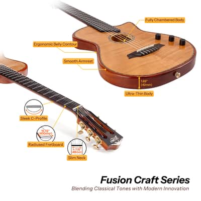 Bromo BEN2C Electric Nylon String Guitar, Thinline Fully Chambered Semi-Hollow Body Slim Neck Dual Pickup Stage Live Performance Fusion Classical Guitar with Hard Case (Natural) image 5