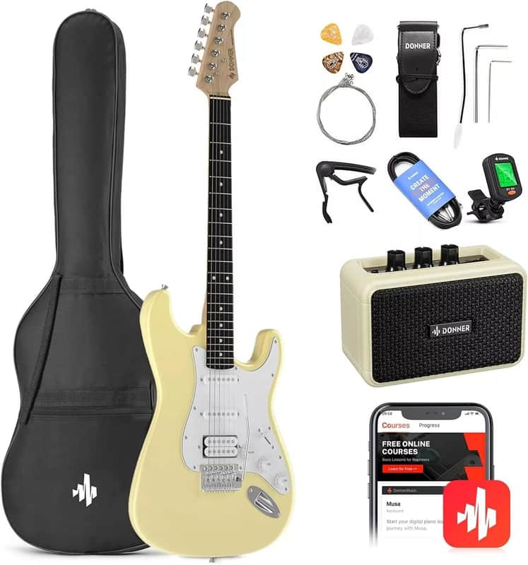 Electric Guitar Beginner Kit – Solid Body, HSS Pickups, Amp, Gig Bag, Yellow image 1