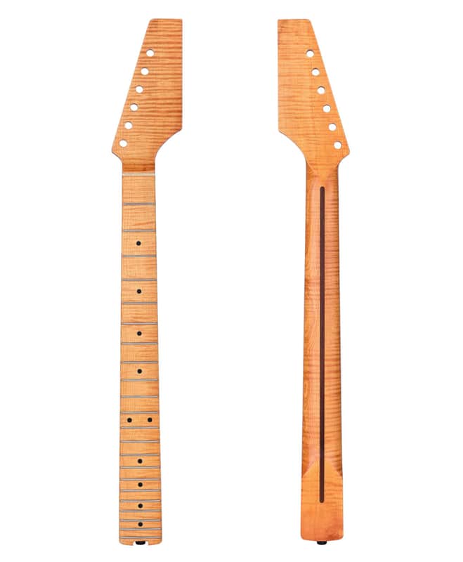 Electric Guitar Neck, 12"-16" Compound Radius, One-Piece Flame Canadian Hard Maple, 22 Stainless Steel Frets (2.4x1.4mm), Oiled Bone Nut 42mm, Matte Finish image 1