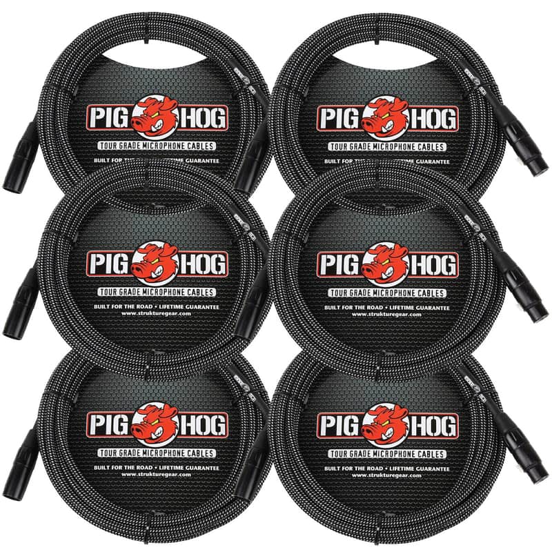 6 Pack Pig Hog PHM20BKW XLR High Performance Black & White Microphone Cable, 20 Ft NEW image 1