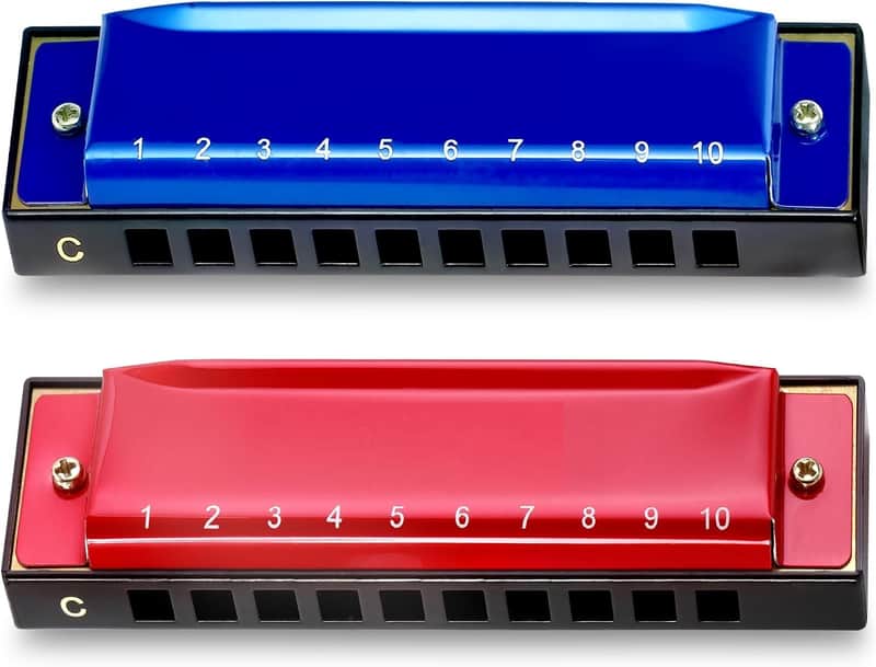 Harmonica (2pcs), Diatonic Set Key of C, Brass Reeds, Blue & Red, Modern Style, Polished Finish, Case Included | Premium Brass Reeds Polished Finish Mouth Organ, Complete Beginner Music Gift with Protective Storage Case image 1