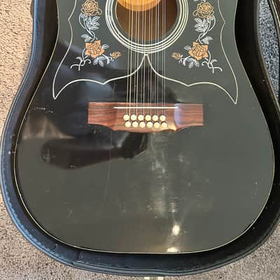 Black 12-String Acoustic Guitar w/ Floral Pickguard & Hard Case image 1