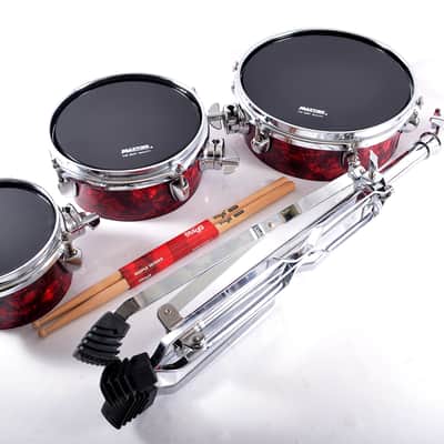 RED Brand New 100% Handmade Triple Bongo Set + Adjustable Stand with autonomous fastening, Maxtone drum head skins 6,8,10 inches & Stagg Sticks image 5