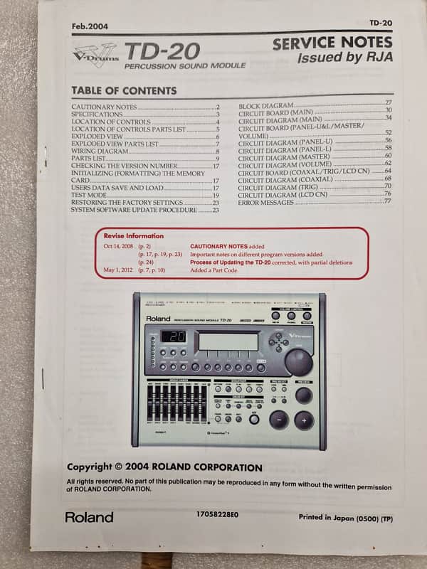 Roland TD-20 Service Notes Service Manual image 1