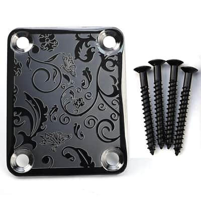 Stainless Steel Engraved Electric Guitar Neck Plate 4-Bolt Square Neck Joint Plate Joint Reinforce Board for Strat ST Telecaster Tele Bass Electric Guitar Parts Replacement (Black) image 1