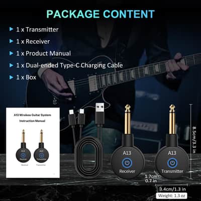 A13 Wireless Guitar System 2.4GHz Transmitter Receiver for Electric/Acoustic Bass Guitar, Rechargeable Li-Battery, Plug & Play Wireless Guitar Cable for Guitar, Bass, Violin - Black (1TX + 1RX) image 7
