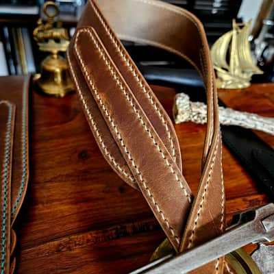 Hand Made, Hand Stitched Guitar strap "Rockatansky" in Taupe & Beige - Vegetable Tanned Leather image 3