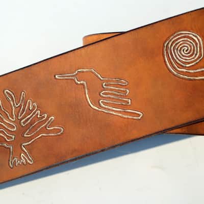 Burny Black custom made guitar strap leather - nasca lines brown/white made to order - oil image 14