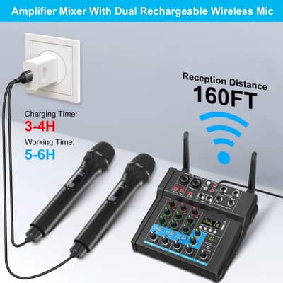 150W x2 Powered Amplifier Audio Mixer,4 Channel with Dual Wireless Mic Sound Board Console MP3 Digital USB Bluetooth Computer Input 48V Phantom Power Stereo DJ Mixing for Karaoke Party image 3