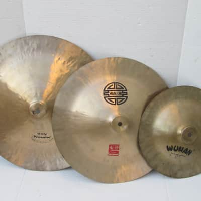 WUHAN CHINA CYMBALS x 3 (18”, 16”, 12”) - 1 CRACKED, 2 ARE GOOD. HAN CHI WORLD PERCUSSION CHINESE READ image 1