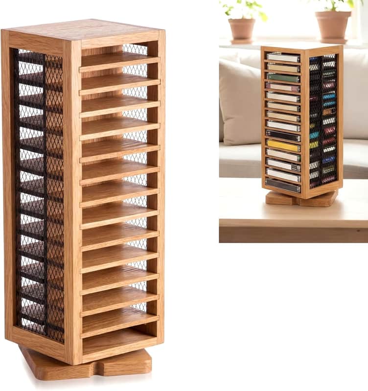 Rotating Cassette Tape Display Rack – 28-Tape Double-Sided Metal & Wood Holder for Music Studios image 1