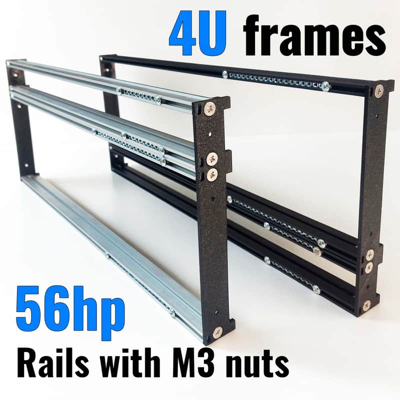 4U (3U+1U) 56HP Eurorack Rails Kit with Brackets & M3 nuts (Black / Silver) image 1