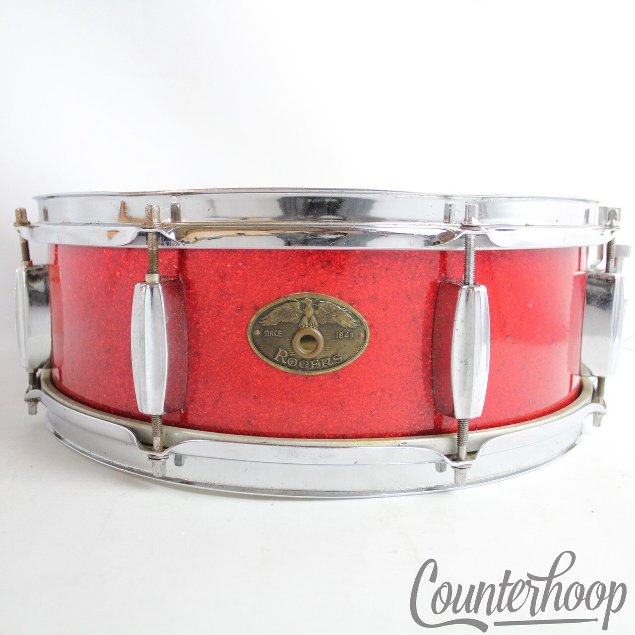 Rogers 14x5"Red Sparkle Eagle Badge Holiday Snare Drum Vintage 50s Jasper Maple — main photograph