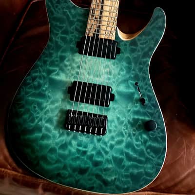 Mayones Aquila Elite S7 26.5" Reverse Headstock 4A QM top, Pale Moon Ebony Fretboard 16", Luminlay Offset Dot Inlays, Black Limba body, Wenge neck, Velvetrone Pickups image 4