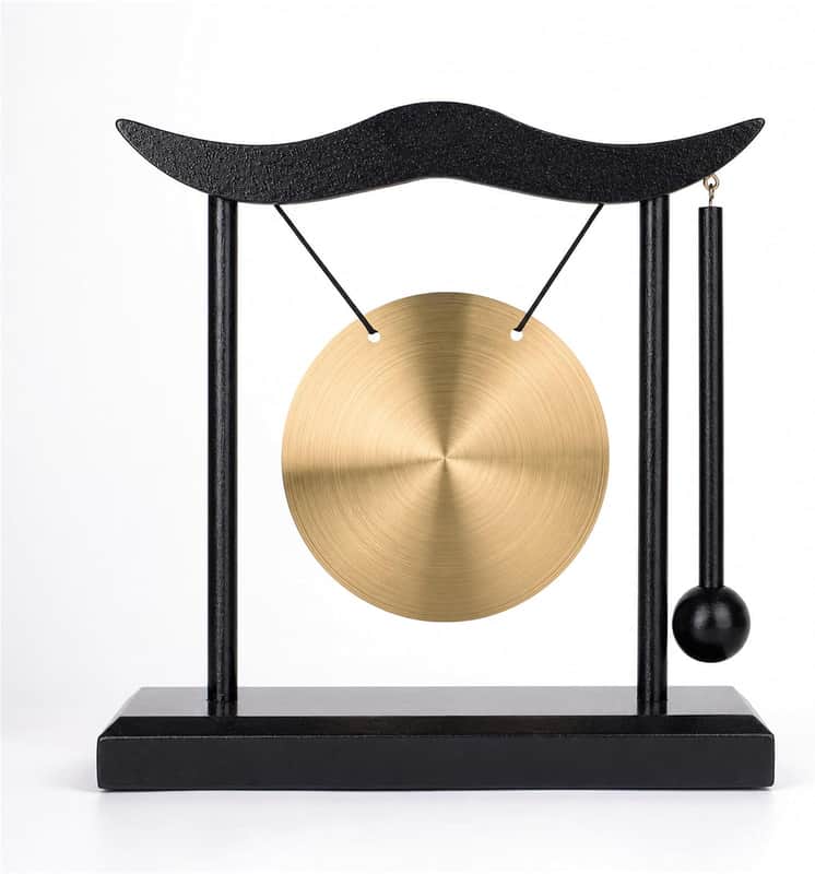 Mini Gong with Wood Stand and Mallet, Feng Shui Desktop Decor, 6.4 in | Brass Gong with Bright, High Pitched Ring, Decorative Sound Cue for Offices, Meditation Spaces, and Gatherings image 1