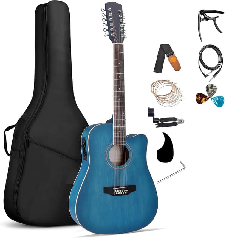 12 String Guitar, 42” Full Size Acoustic Electric Twelve String Guitar Bundle with 4-Band for Professional Beginner Adults Intermediate, Gig Bag, Picks, Capo, Cabel, Shoulder Strap, Blue image 1