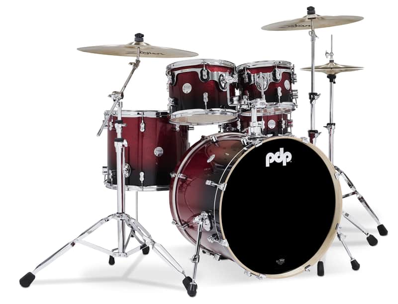 PDP Concept Maple 5-Piece Shell Pack, Red to Black Fade Lacquer w/Chrome Hardware; 8x10, 9x12, 14x16, 18x22, 5.5x14 image 1