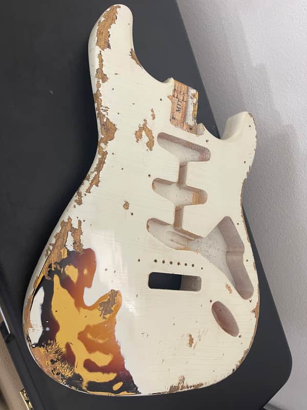 MJT body Aged Nitro Fender Stratocaster Olympic White over 3-Tone Burst reliced image 1