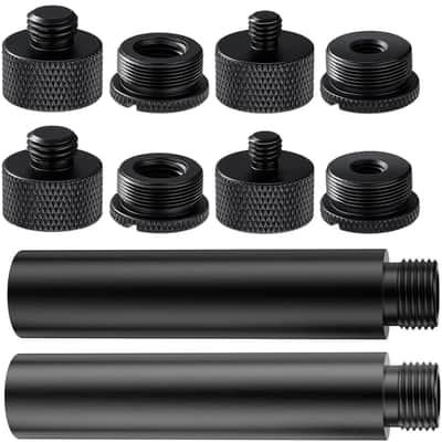 Unbranded 14 Pack Microphone Stand Adapter AluminumAlloy with Extension Tube,3/8 to 5/8 and 1/4 Threaded Screw Mount for Mic Boom Arm,Camera Tripod,Camera Stand Arm,Fill Light,Projector Support Bracket(Black) image 1
