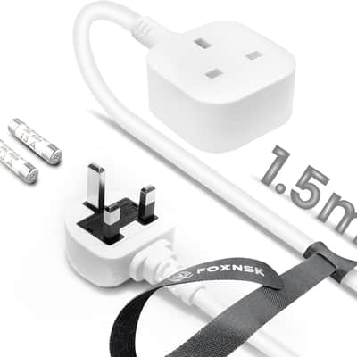 Single Plug Extension Lead 1.5m, 1 Gang Single Socket Extension Lead Surge Protected, 13amp 250V 3kw UK 3 Pin Fused Mains Single Extension Lead for Tumble Dryer, Rubber, Tough and Fireproof, White image 1