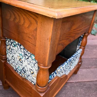 Rotary Connection 1x12 loaded semi open guitar speaker cab / side table! Vintage Rola 12” 8 ohm 25 watt speaker. Solid oak hardwood. Unique one off / one of a kind cab. Crazy 3D geometrical cloth. 2026 - Wood image 9