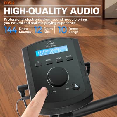 Electric Drum Set with Quiet Mesh Drum Pads, Electronic Drum Set for Beginner 2 Leg with Cymbals, Pedal, Upgraded Drum Module, 144 Sounds, Bluetooth, USB MIDI, Headphone, Drum Stool, Sticks image 2