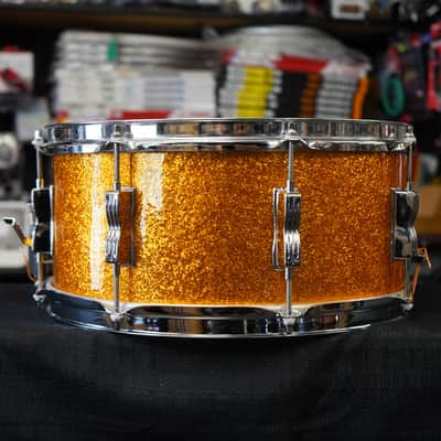 1970s USA Ludwig 6.5x14" Maple Snare Drum - Blue/Olive Badge - Gold Sparkle Wrap image 14