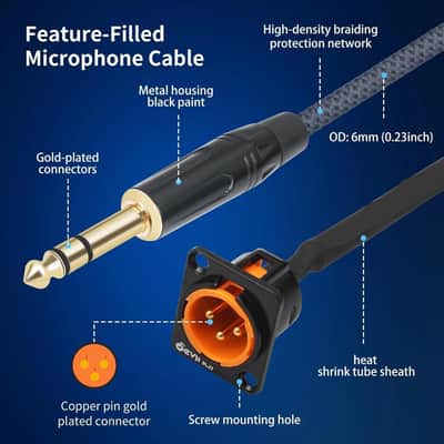 XLR Pass Through Cable, XLR Male Panel Mount to 1/4 inch TRS Connector Adapter, Mic Feed/Pass Thru Converter for Stage Box, Patch Panel, Floor Box 2-Pack 2FT (Male D-Type 6.35) image 4