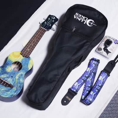LUNA Starry Night Soprano UKULELE w/ Gig Bag, Strap Button, Tuner, new Uke - Mahogany - Blue image 1