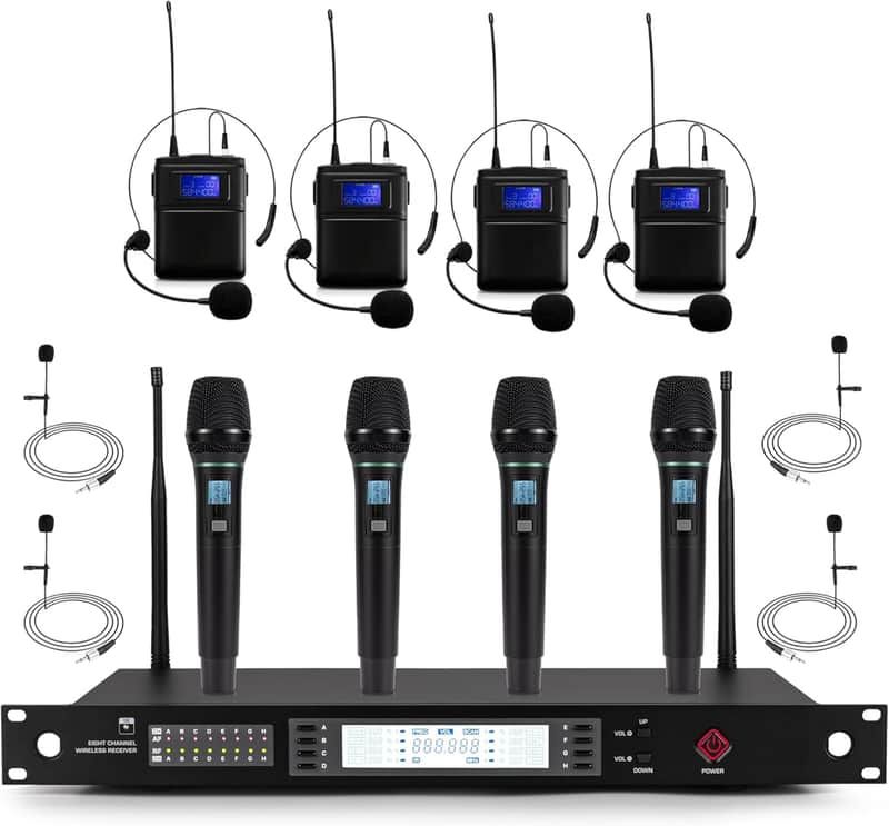 Wireless Microphone System | Includes 4 Handheld, 4 Lavalier & 4 Headset Microphones | 8-Channel UHF Mic Set with Clear 300 ft Signal Range | 100 Selectable Frequencies | for Church & Singing image 1
