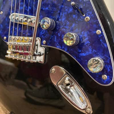 1 of 1 Custom Fender Squier Strat "Midnight Ocean" 2011 - Glossy Black Body w/ Blue Pearl Pickgaurd + Silver Pickups & Control Knobs | Rosewood Fretboard | Hand Painted Headstock | Silver Whammy Bar (Tremelo Arm) | Moon / Ocean / Nautical image 4