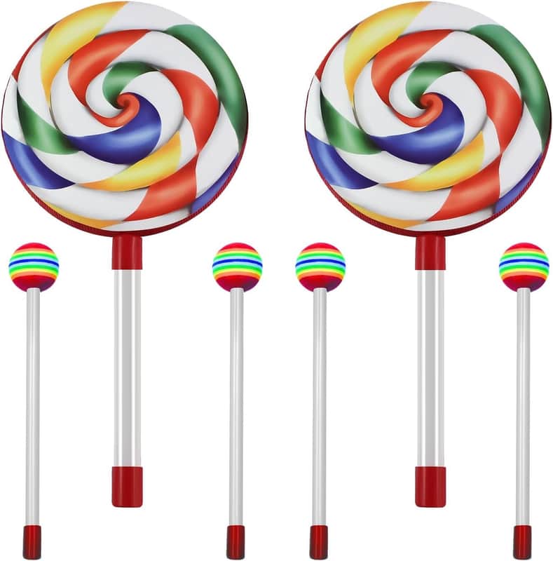 6PCS 2 Pieces 6 -Inch Lollipop Drums 4 Pieces Rainbow Drumsticks Musical Hand Drum Rainbow Lollipop Drum Set Percussion Instrument image 1