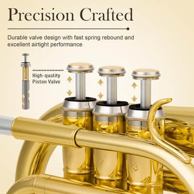 Pocket Trumpet Bb Flat - Gold Lacquer Brass Mini Trumpet Full Kit for Beginners Students with 7C Mouthpiece, Hard Case, Gloves & Cleaning Kit  (Golden) image 3