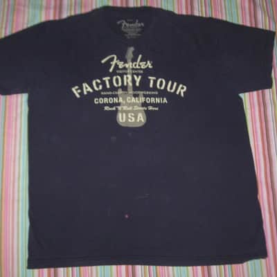 pre-owned / worn genuine Fender - Fender Factory Tour (Corona, California USA) - short sleeve T-Shirt, Men's X-Large (XL) Navy Blue with Creme & Gray Graphic, 100% preshrunk cotton, late 2000s to early - mid 2010s image 5