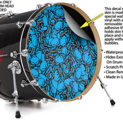 Skin Decal fits 26" Bass Kick Drums Scattered Skulls Neon Blue image 2