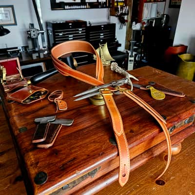 Hand Made, Hand Stitched Guitar strap "Rockatansky" in Burnt Tan & Cream - Vegetable Tanned Leather image 18