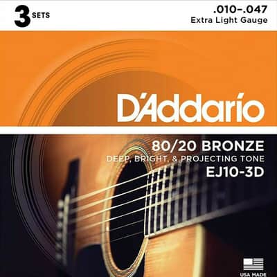 D'Addario EJ10-3D Bronze Acoustic Guitar Strings, Extra Light, 10-47, 3 Sets image 1