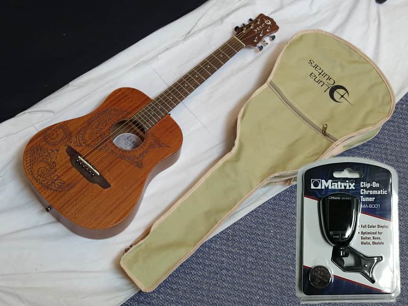 LUNA Safari Tattoo acoustic 3/4 size Travel GUITAR mahogany | Reverb