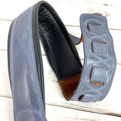 C-22-BLU Handmade 3" Wide Double Padded Premium Grain Leather Guitar Strap Washed Blue Denim Finish image 7