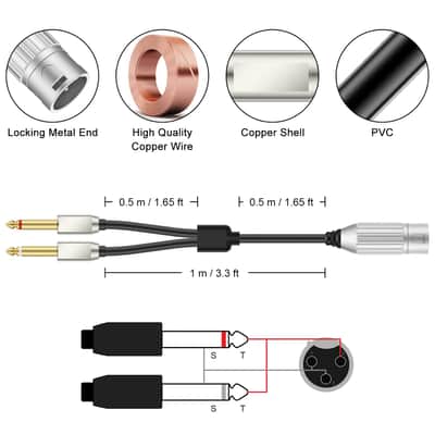 Dual 1/4" to XLR, XLR Male to Dual 6.35mm TS Mono Plug Microphone Cables, Gold-Plated Connector Stereo Microphone Audio Converter Cables and 1/4 Y Splitter Cable, 3.3 ft image 2
