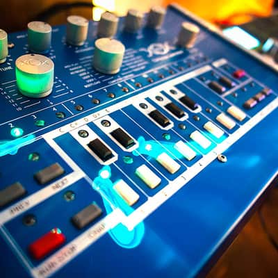 Custom x0xb0x by Andy Pledger. Blue metal with green LEDs. TB-303 style analog synthesizer sequencer image 1
