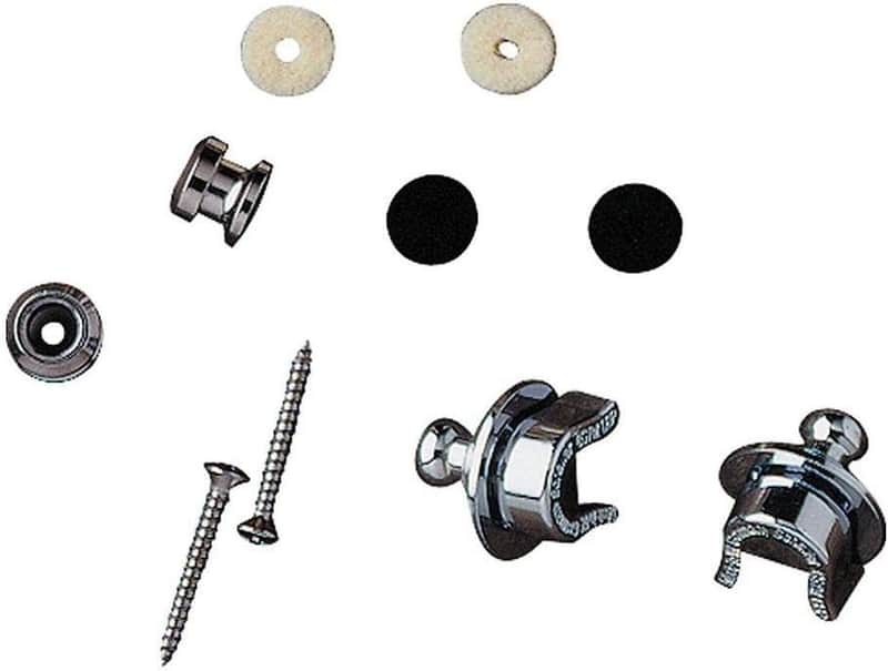 Guitar Strap Lock with Chrome Buttons and Wood Mounting Screws, 1 Set of 2 Security Guitar Strap Locks for Guitar and Guitar Strap, Black and White Felt Washers, 1 Set image 1