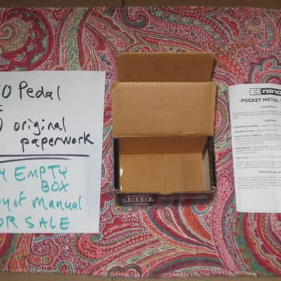 used condition Electro-Harmonix EMPTY CARDBOARD BOX and copy of Owner's Manual ONLY for Pocket Metal Muff (NO pedal, NO original Owner's Manual, NO warranty / registration paperwork) 2010s - BOX: cardboard - OUTER AREAS: Mostly black/GRAPHIC: black&white image 2