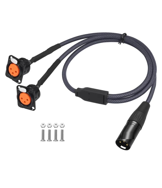 XLR Pass Through Cable Splitter, Dual Female Panel Mount to 1 Male Connector Adapter Y Cable, Mic Feed/Pass Thru Converter for Stage Box, Patch Panel, Floor Box 2 feet(2F D-Type to M) image 1