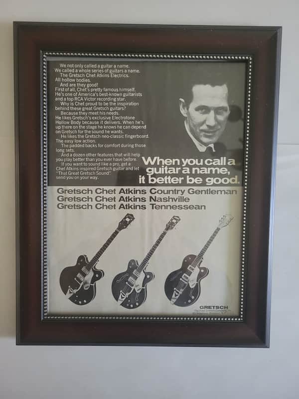 1970 Gretsch Guitars promotional Ad Framed Chet Atkins Country Gentleman, Nashville, Tennessean Orig image 1