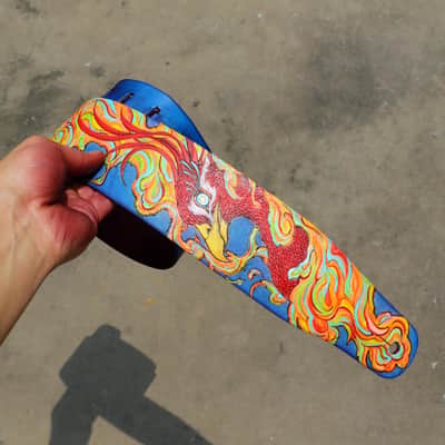 Burny Black handmade guitar strap leather - phoenix red/blue made to order - oil image 10